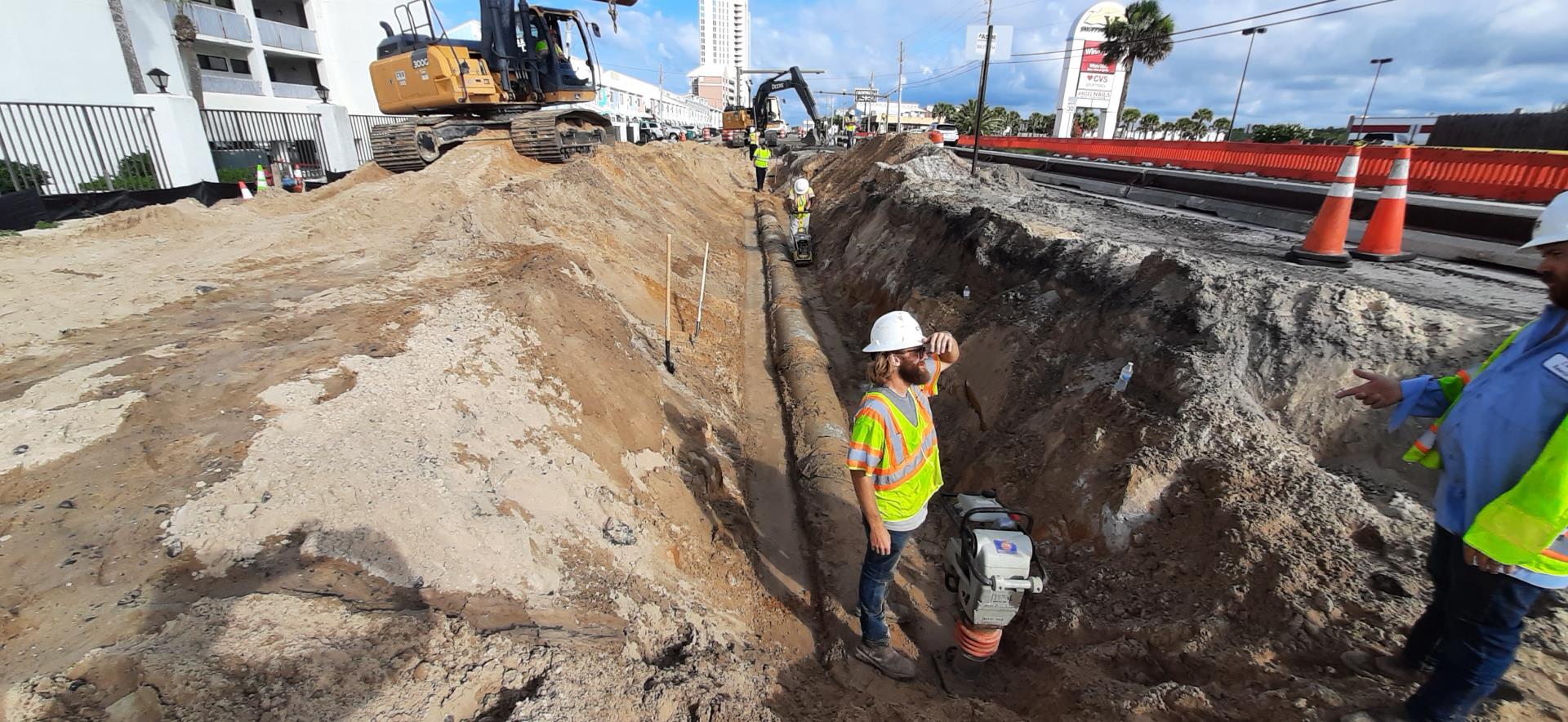 Underground utility work during Front Beach Road Segment 3 construction